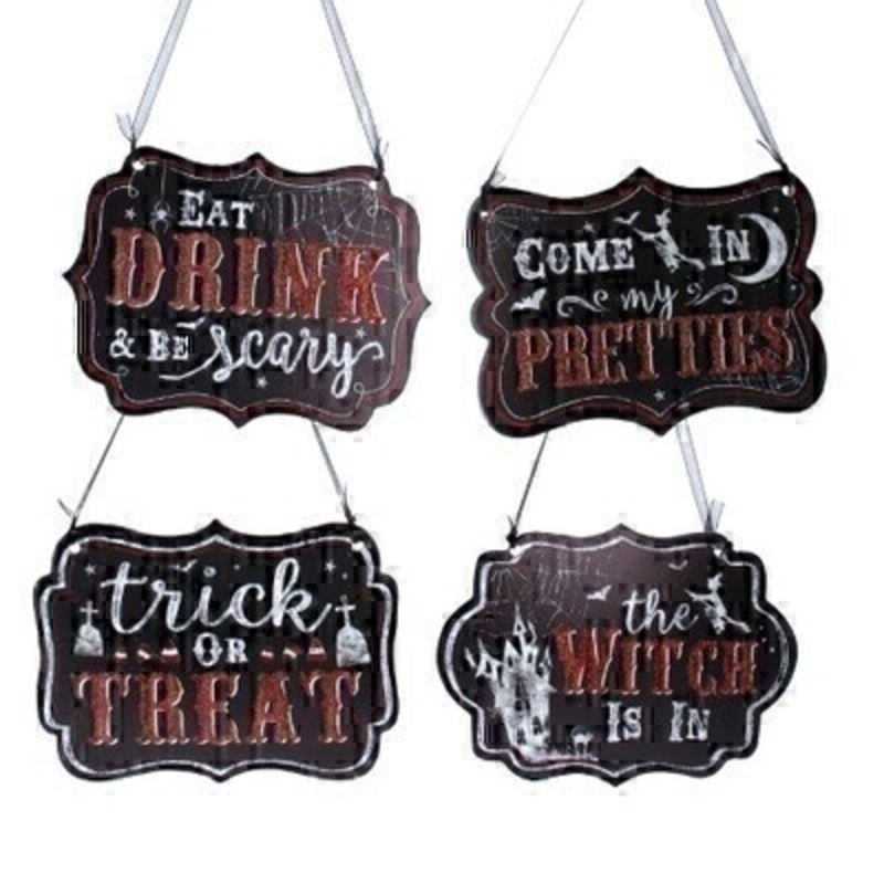 Choice of 4 Wood Halloween Plaque Gisela Graham Choice of 4 wooden black Halloween sentimental signs by designer Gisela Graham complete with ribbon to hang. The Halloween Plaque with four different captions to choose from is a great Halloween party decoration. Choice of 4 available - If you have a preference please specify when ordering. Would look great hanging on your door or in your window this October. Remember Booker Flowers and Gifts for Gisela Graham Halloween Decorations.